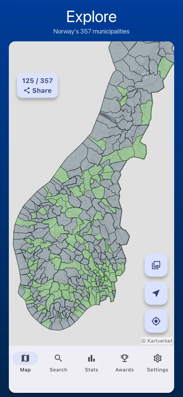 Map of Norway with visited municipalities highlighted