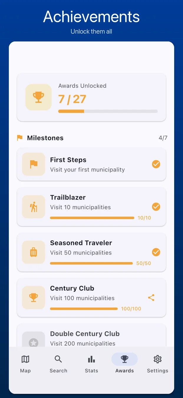 Achievements and unlocked badges