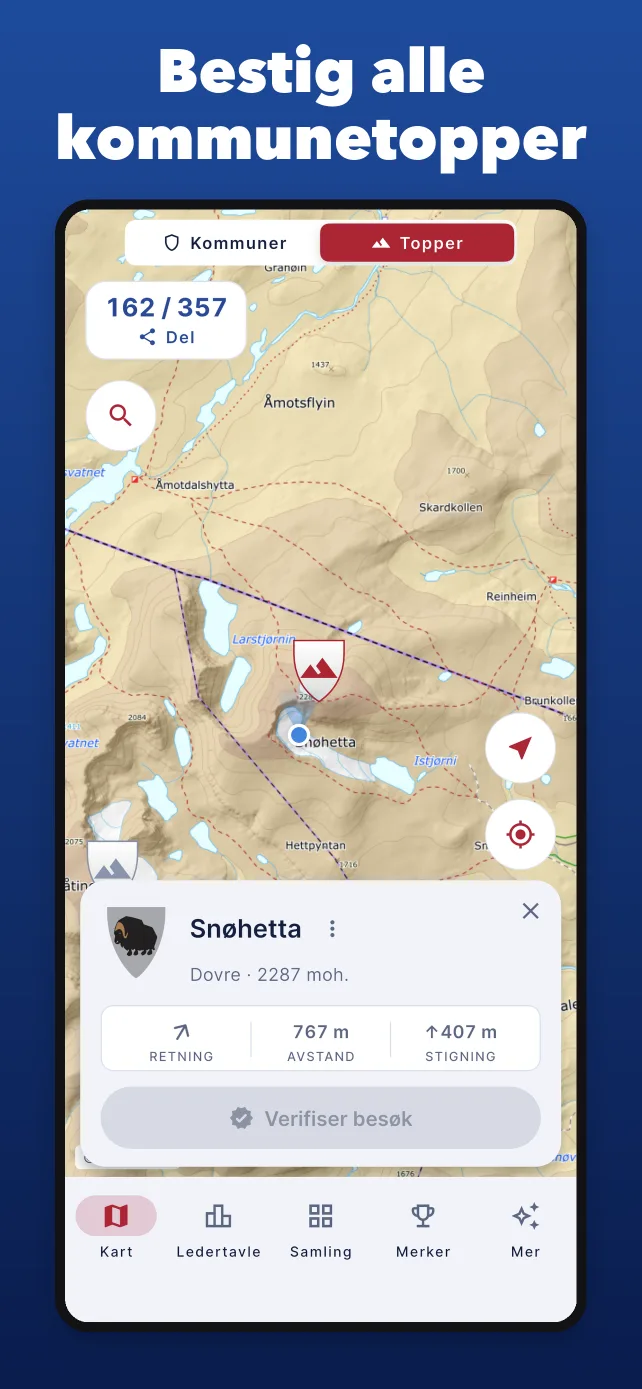 Kart med fjelltopper for hver kommune
